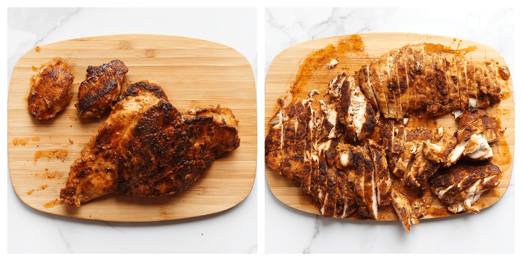 Gebakken kipfilet in stukken snijden