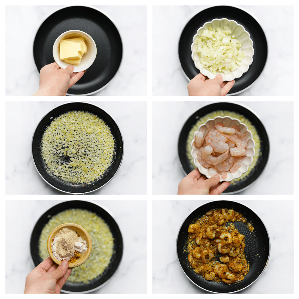 Verhit de roomboter in een koekenpan op middelhoog vuur. Voeg de gele ui toe en bak gedurende 4-5 minuten totdat de ui goudbruin is. Voeg de garnalen, currypoeder, cayennepeper, knoflookpoeder, uienpoeder en Italiaanse kruiden toe. Verkruimel het kippenbouillonblokje boven de pan en bak het geheel nog 2 minuten.