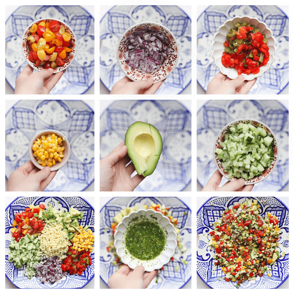 Doe de groenten in een diepe kom en voeg de parelcouscous toe. Meng alles goed samen. Voeg de dressing toe en meng opnieuw tot een geheel. Breng op smaak met zout.