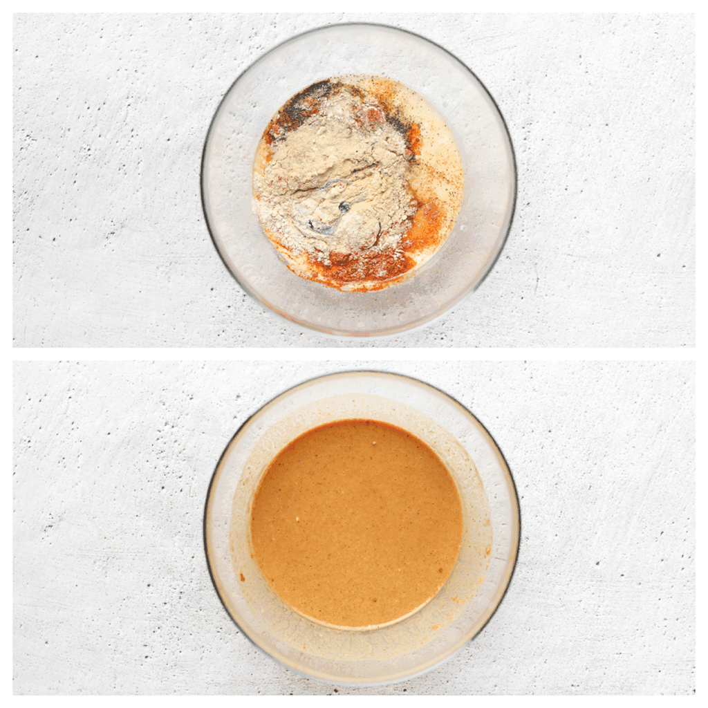 Doe de karnemelk samen met de ketjap manis, het zout, uienpoeder, knoflookpoeder, ei, cayennepeper, zwarte peper en paprikapoeder in een diepe kom. Meng goed.