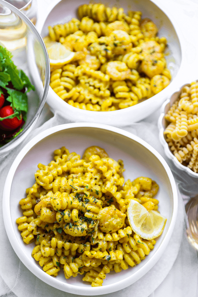 Riccioli met garnalen in currysaus eindresultaat Kookmutsjes