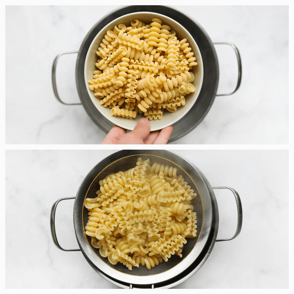 Breng een pan met halfvol water aan de kook. Voeg het zout toe en voeg vervolgens de riccioli toe. Roer goed. Kook gedurende 11-14 minuten. Schep voorzichtig 50 ml van het pastawater uit de pan en zet het apart. Laat het water van de pasta uitlekken.