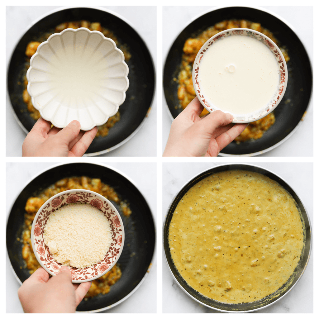 Voeg het pastawater en de ongeklopte slagroom toe. Kook tot de saus is ingedikt. Voeg als laatste de Parmezaanse kaas toe en meng goed.