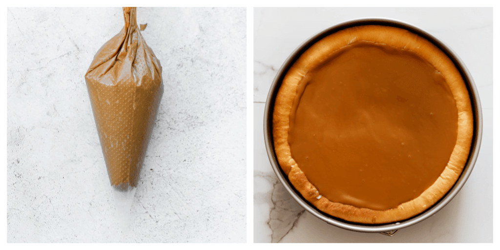 Giet de Speculoospasta over de speculoosroomvlaai en zet 30 minuten in de koelkast of totdat de topping stevig is.