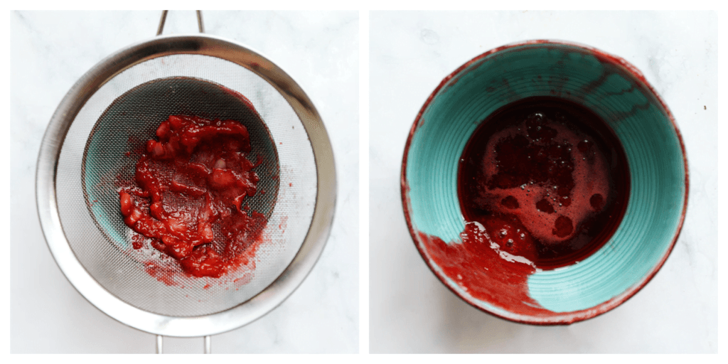 Neem een kom en plaats er een zeef op. Voeg het aardbeienmengsel toe en druk het stevig aan met een spatel of lepel om de zaden en eventuele ongewenste stukjes achter te laten, zodat je een gladde saus krijgt. Laat het afkoelen.