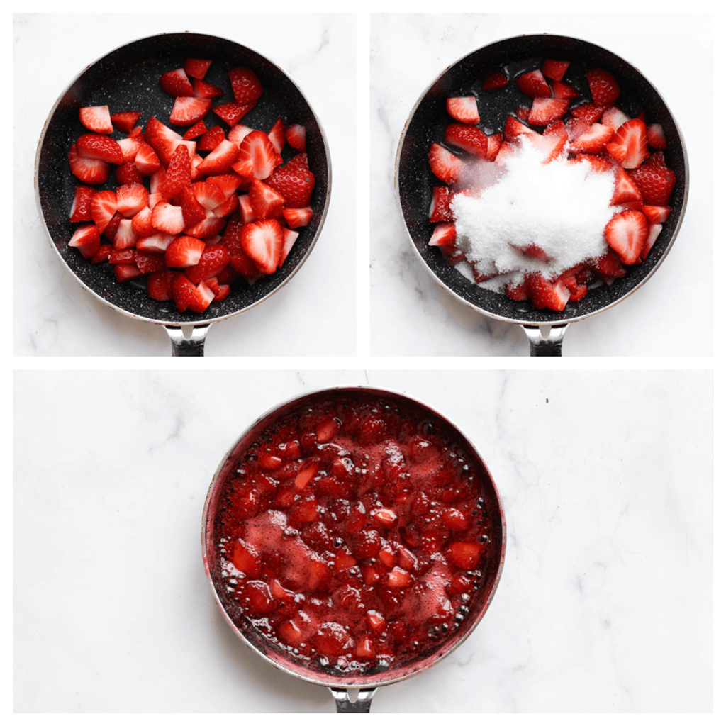 Was de aardbeien en snijd ze in stukken. Doe de aardbeien samen met de suiker (100 gr) in een koekenpan op middelhoog vuur. Breng het geheel aan de kook en laat het 5-7 minuten sudderen. Roer regelmatig.