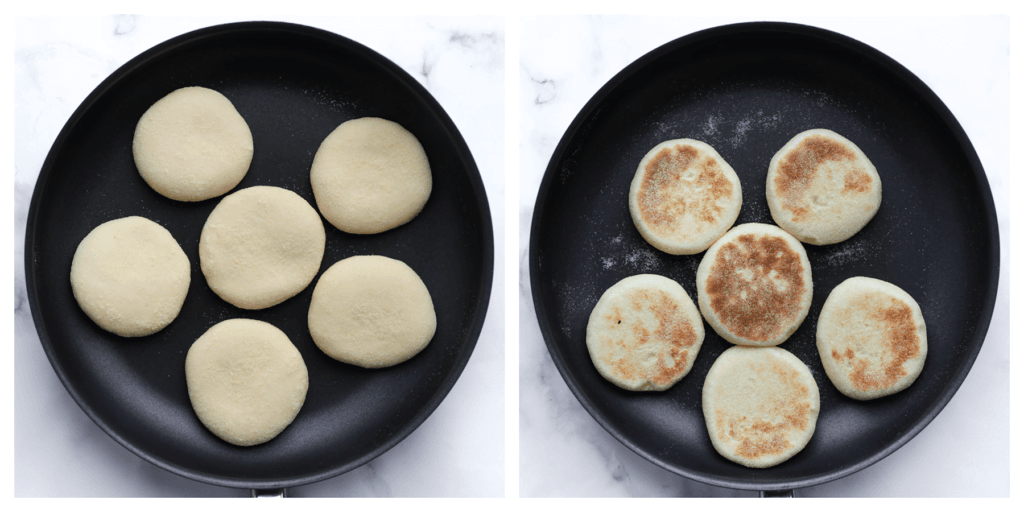 Verhit een koekenpan met een dikke bodem op middelhoog vuur. Bak de broodjes aan beide kanten goudbruin. Dek de broodjes af met een schone theedoek zodra ze gebakken zijn, zodat ze lekker zacht blijven.