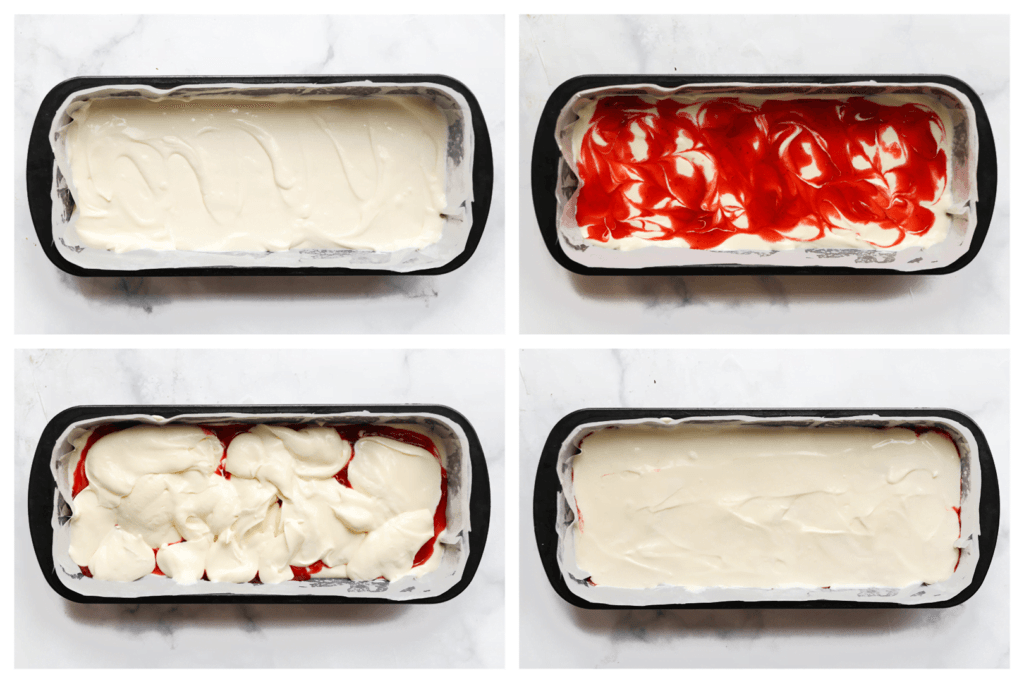 Bekleed een bakvorm of springvorm met een vel bakpapier. Voeg de helft van het cheesecakebeslag toe en verdeel het aardbeienmengsel erover (houd een beetje apart voor de garnering en doe dit in een spuitzak). Verdeel de rest van het cheesecakebeslag gelijkmatig over het aardbeienmengsel.