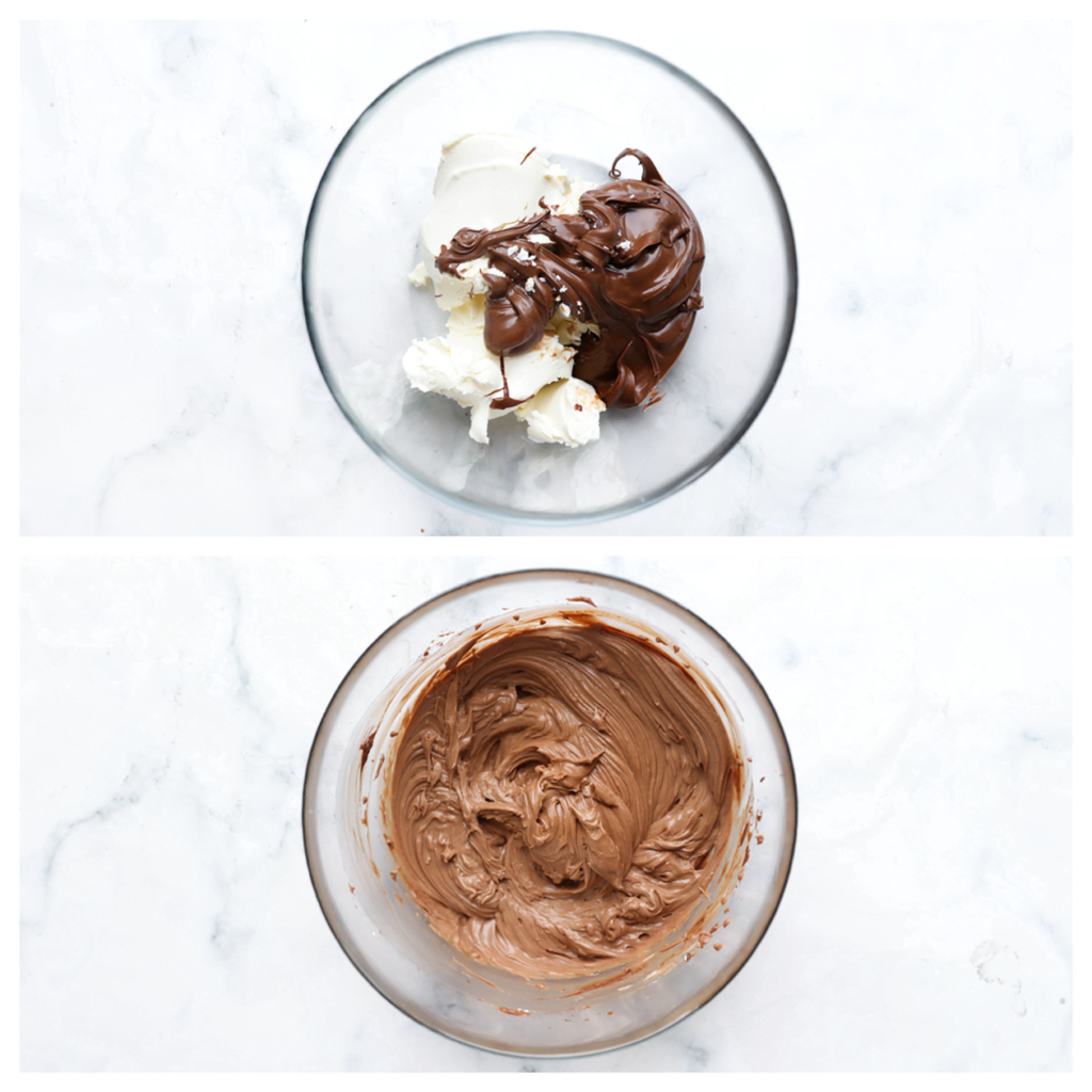 Doe de mascarpone samen met de Nutella in een diepe kom. Mix tot een geheel. Doe de chocoladeroom in een spuitzak en vergeet het spuitmondje niet.