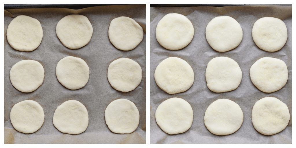 Leg het deeg op een bakplaat met bakpapier en laat het 30 minuten rijzen, of tot het deeg in grootte is verdubbeld.