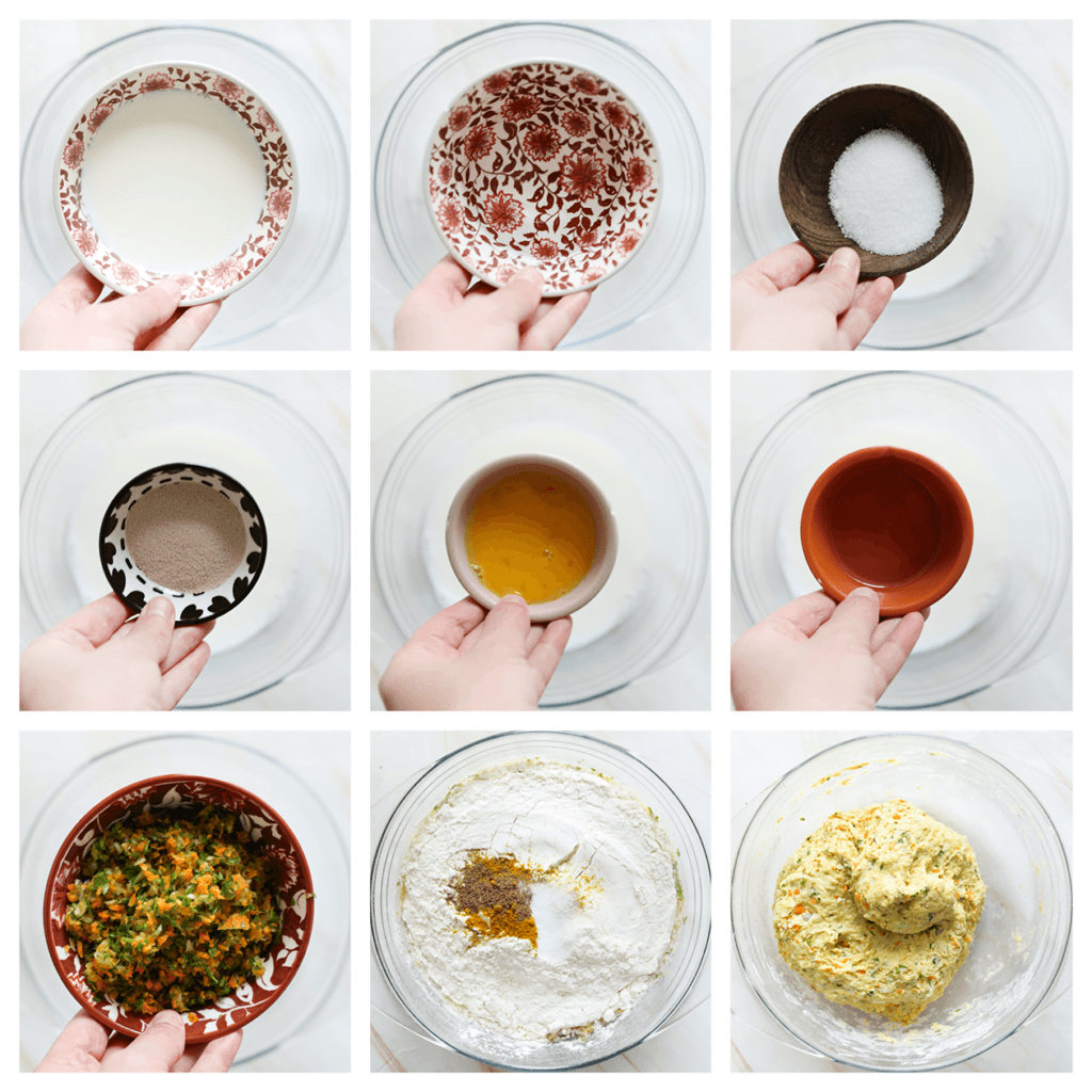 Doe de lauwwarme melk, het lauwwarme water, de suiker en gist in een diepe kom. Meng goed. Laat 3 minuten staan. Voeg het ei, de zonnebloemolie en het groentemengsel toe. Meng het goed samen. Voeg de bloem, het zout, kerriepoeder, komijnpoeder en de cayennepeper toe. Kneed 10-12 minuten.