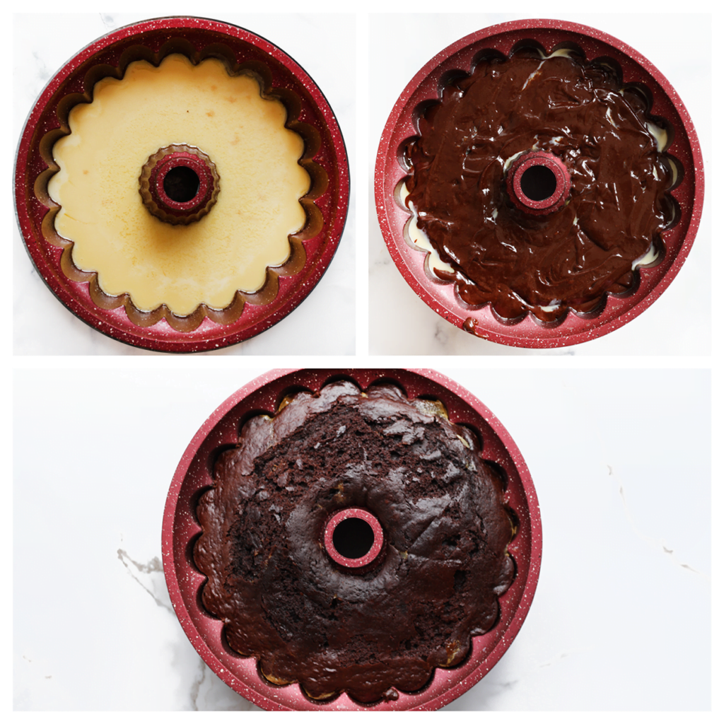 Giet het beslag bovenop de flan. Bak de chocoladeflan-cake in een voorverwarmde oven op 175 °C. Bak gedurende 55-60 minuten, of totdat een tandenstoker die in het midden van de cake wordt gestoken er schoon uitkomt.