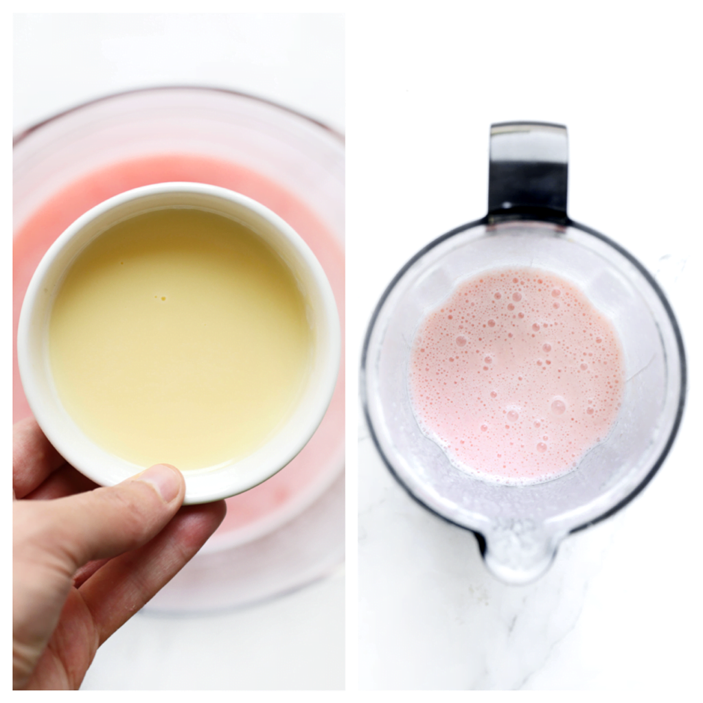 Doe het frambozensap terug in de blender en voeg de gecondenseerde melk toe. Mix gedurende 30 seconden.