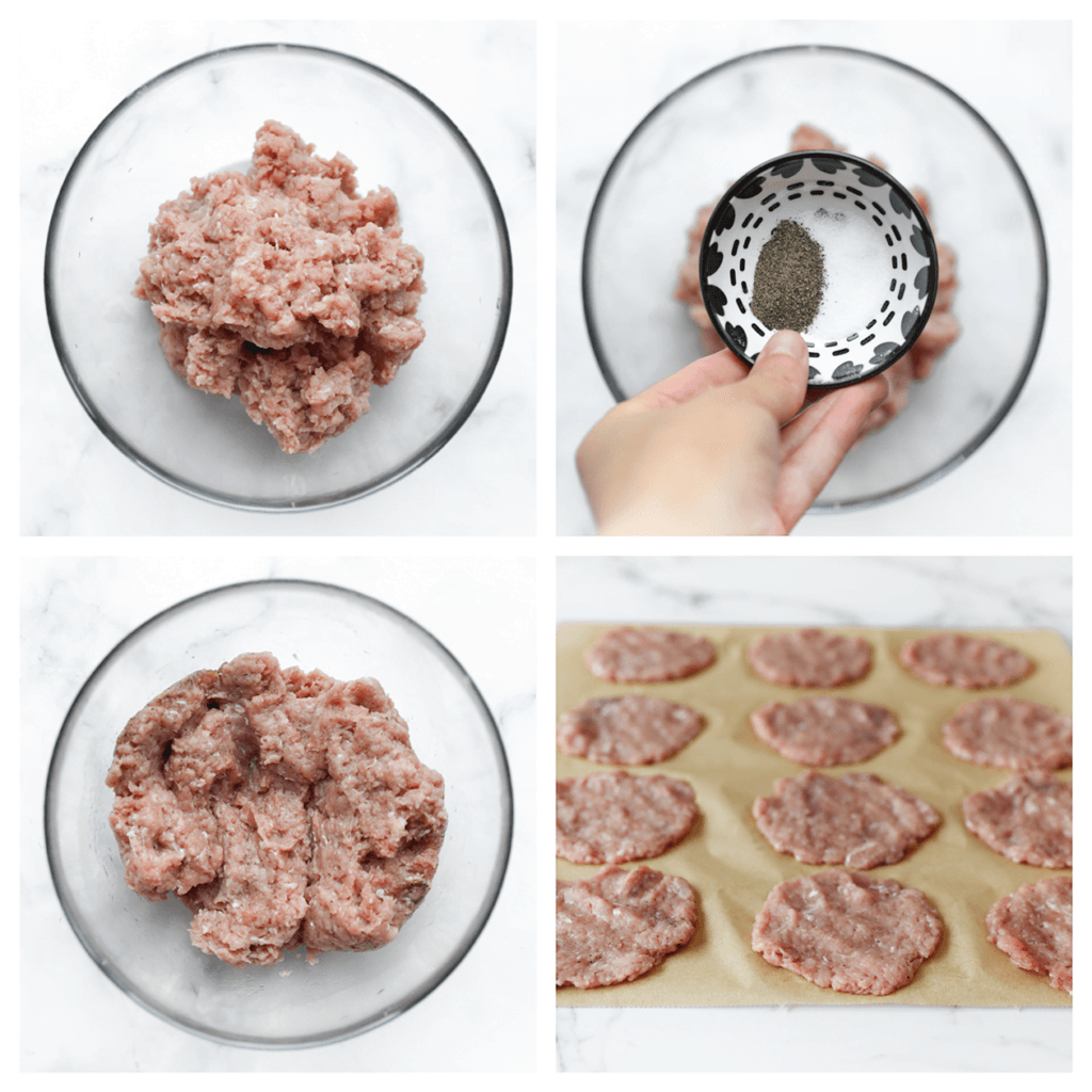 Doe het gehakt in een diepe kom. Voeg het zout, de zwarte peper en de zonnebloemolie toe. Meng alles goed door elkaar. Neem een portie gehakt (45 gram) en vorm deze plat met je handen. Leg de gehaktburger op een vel bakpapier en herhaal dit proces.