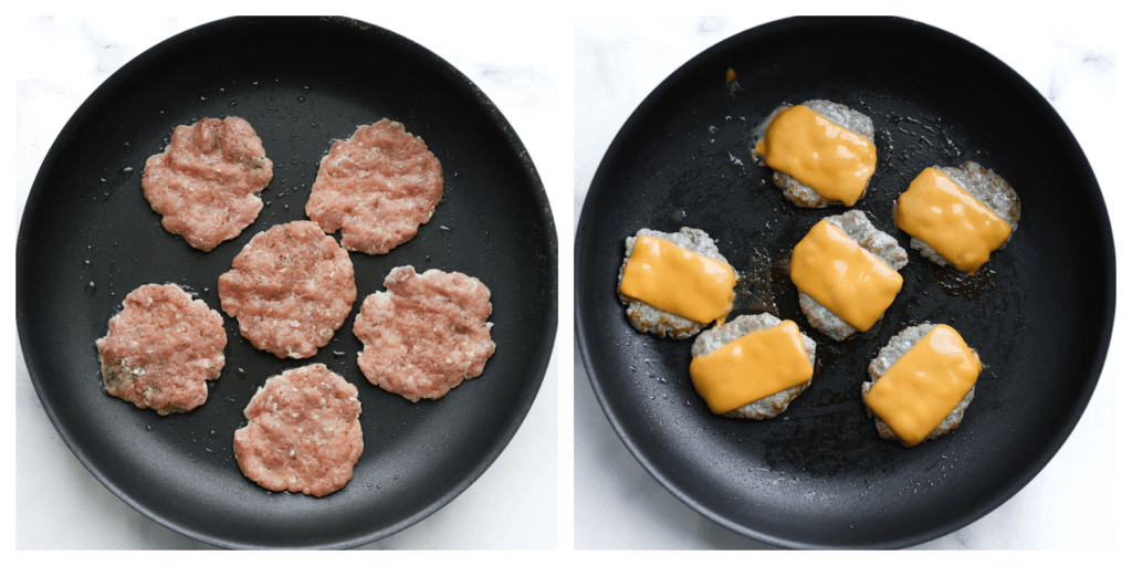 Bak de gehaktburgers in een koekenpan op middelhoog vuur gedurende 1 minuut aan één kant. Draai de gehaktburgers om en leg meteen een half plakje cheddar kaas erop. Bak nog 1 minuut.