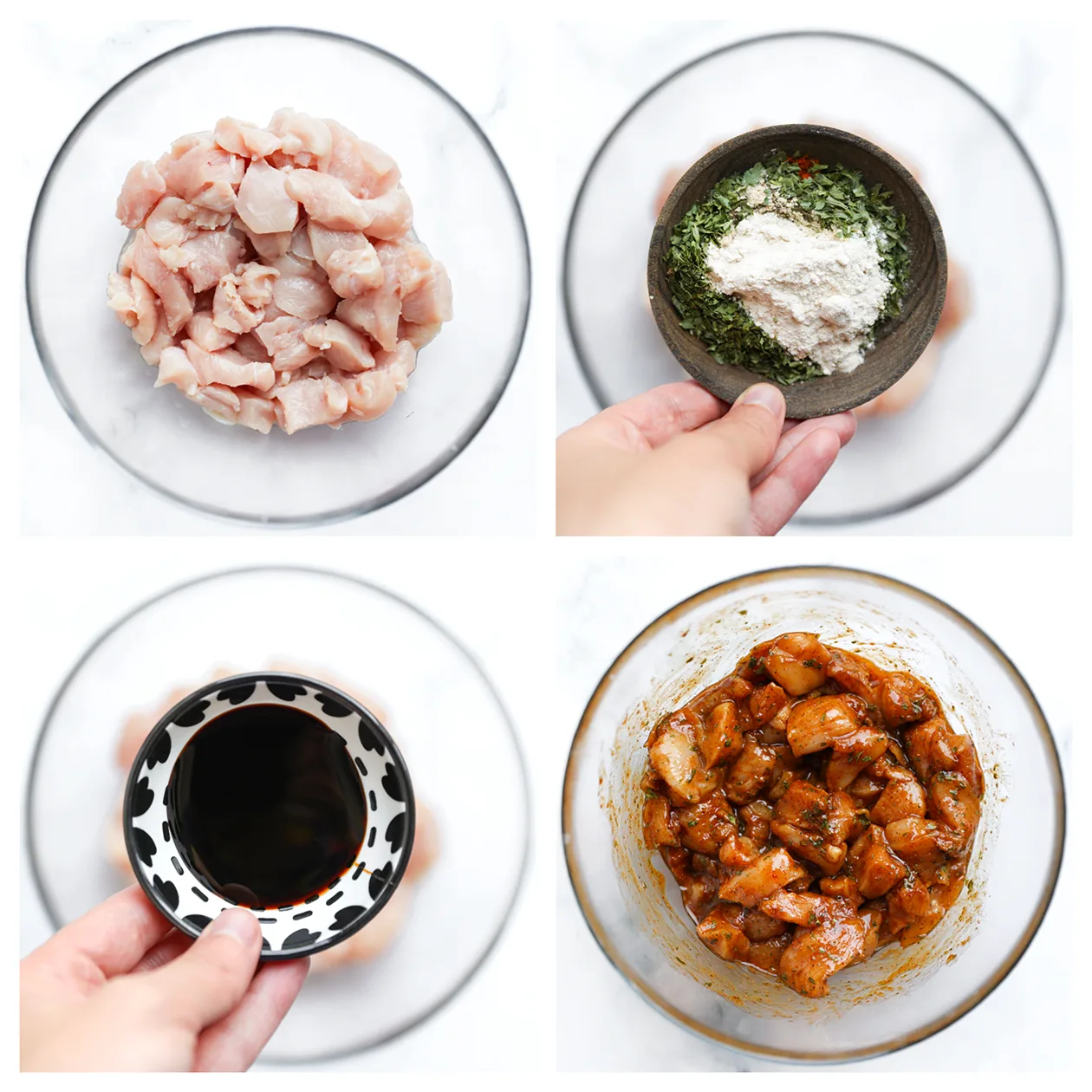 Kipstukjes mengen met verse kruiden en saus in een diepe kom