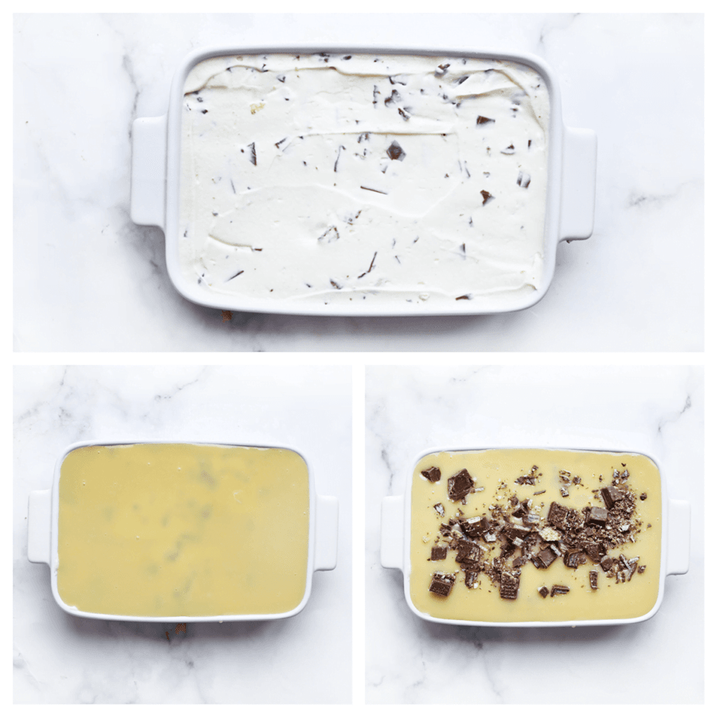 Hak de KitKat in stukken (25 gr). Verdeel het KitKat-roomijs over een schaal of bak. Voeg de witte chocoladeganache toe en garneer met stukjes KitKat. Dek de schaal af en zet het KitKat-roomijs minimaal 6 uur in de vriezer, bij voorkeur een hele nacht.