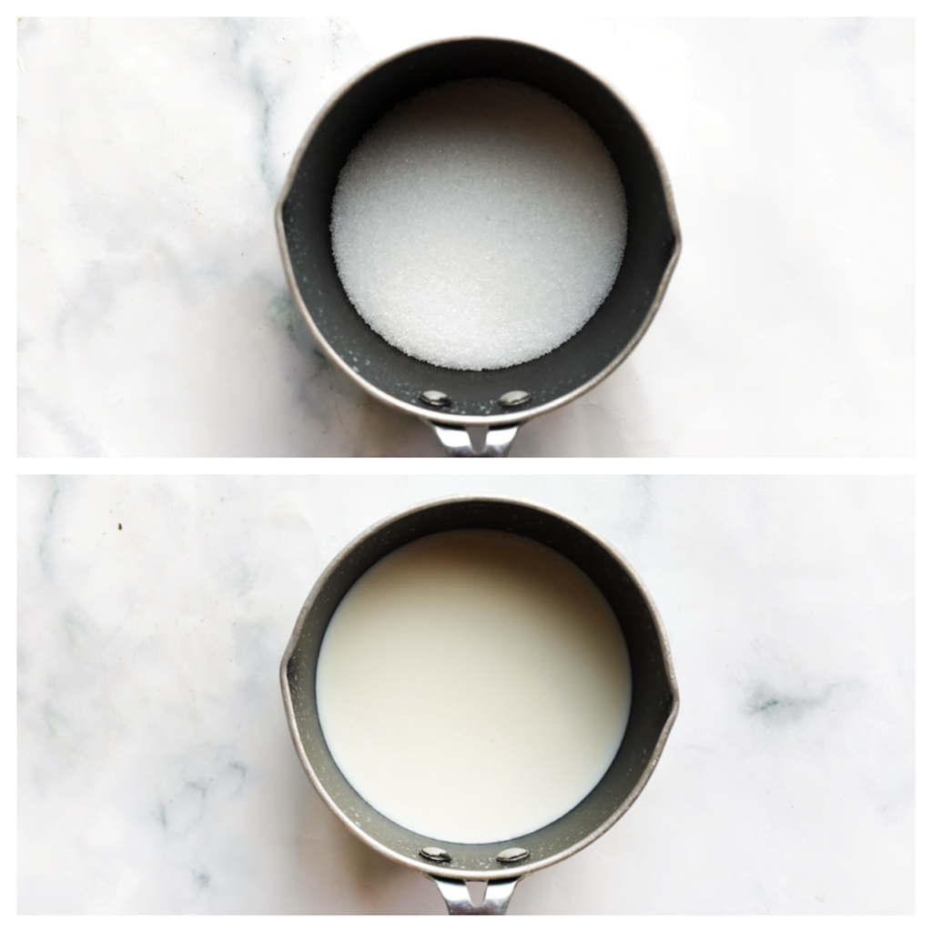 Breng de melk (250 ml) samen met de suiker (75 gr) in een steelpan aan de kook. 