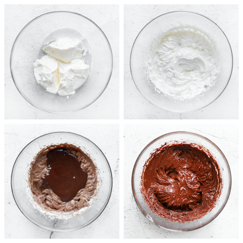 Doe de mascarpone samen met de gesmolten pure chocolade in een diepe kom. Meng goed.