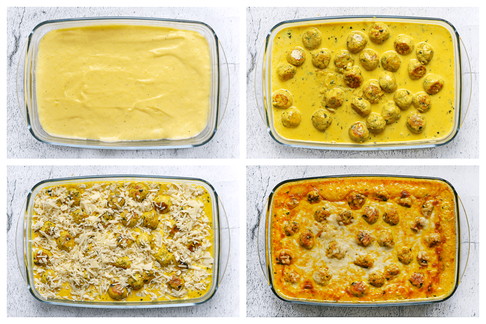 Aardappelmengsel met saus en kipgehaktballen bakken in de oven