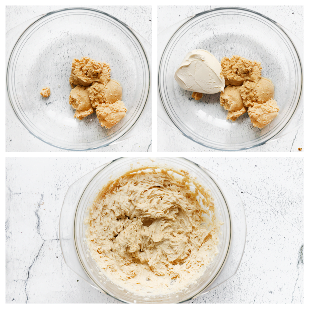 Doe de mascarpone samen met de hazelnootcrème in een diepe kom. Mix gedurende 1 minuut tot een gladde massa.