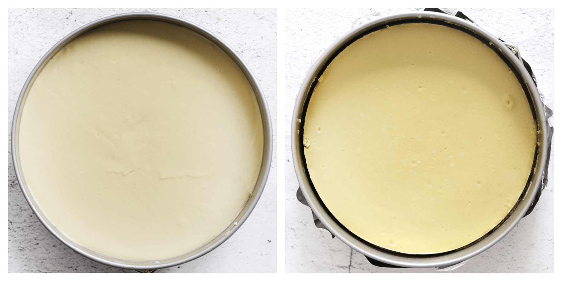 Cheesecakebeslag verdelen over een springvorm en bakken in de oven