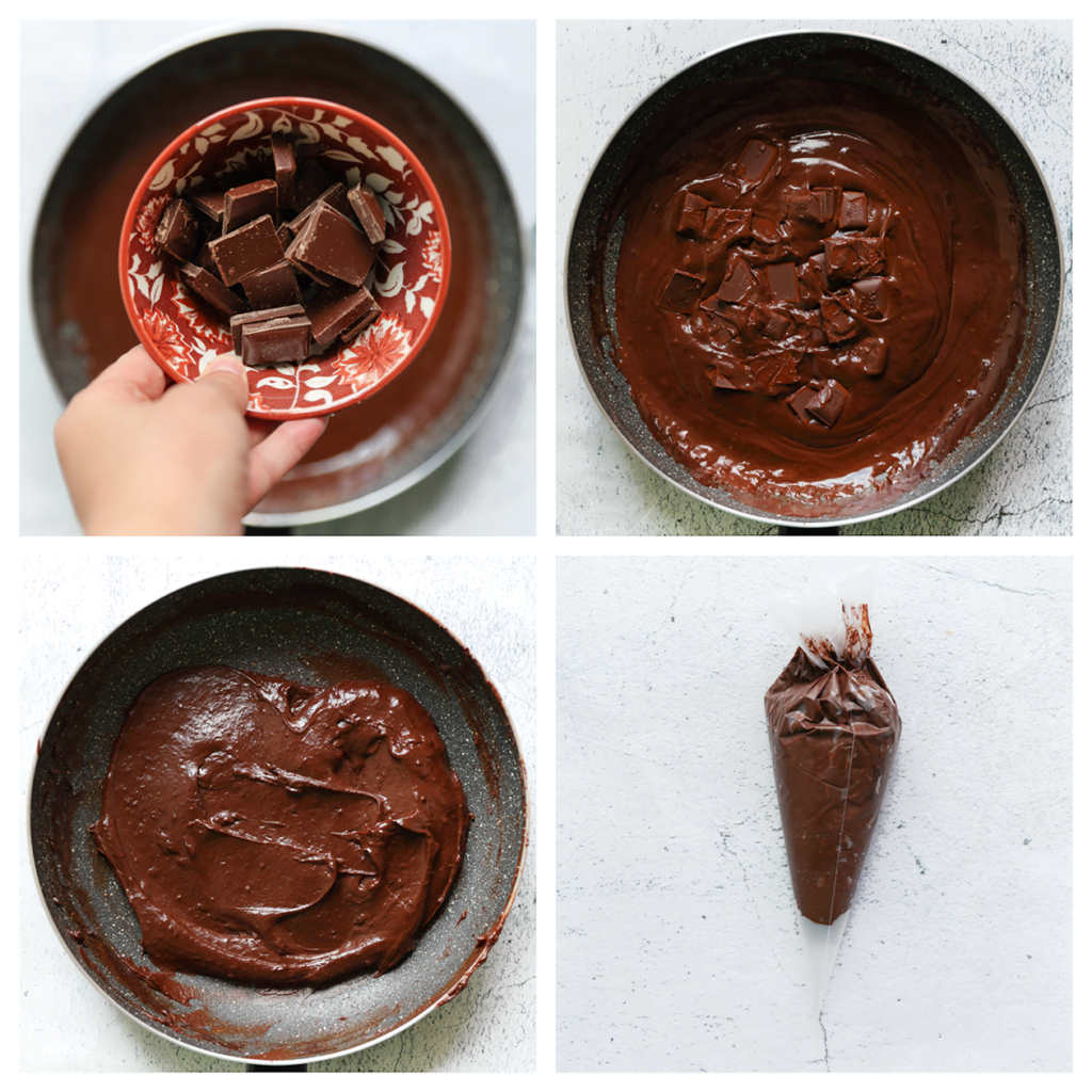 Haal de koekenpan van het vuur en voeg de stukgemaakte pure chocolade toe. Laat het geheel 1 minuut staan. Meng goed totdat het een geheel is. Doe het chocolademengsel in een spuitzak.