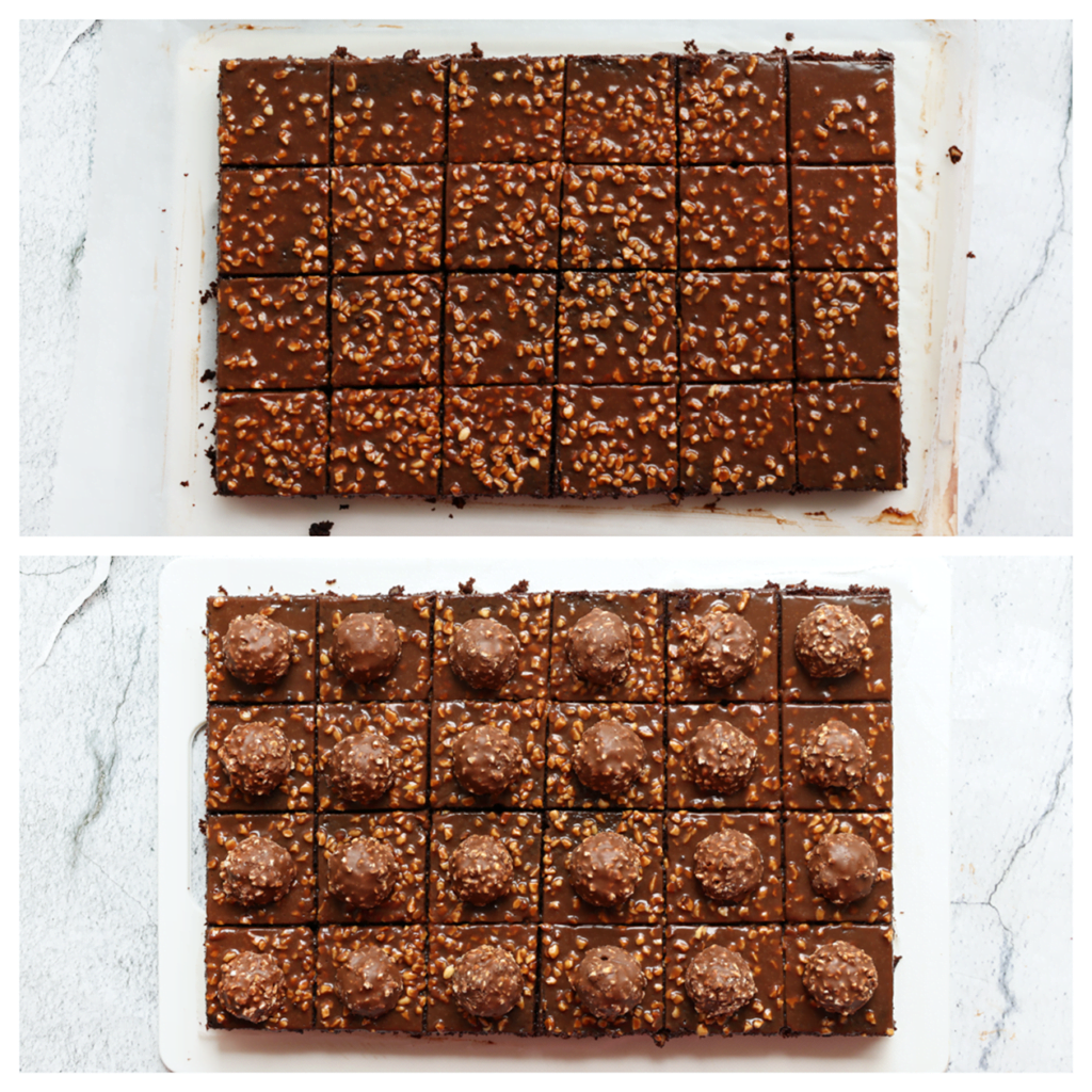 Snijd de chocoladecake in blokjes en decoreer met halve Ferrero Rocher bonbons.