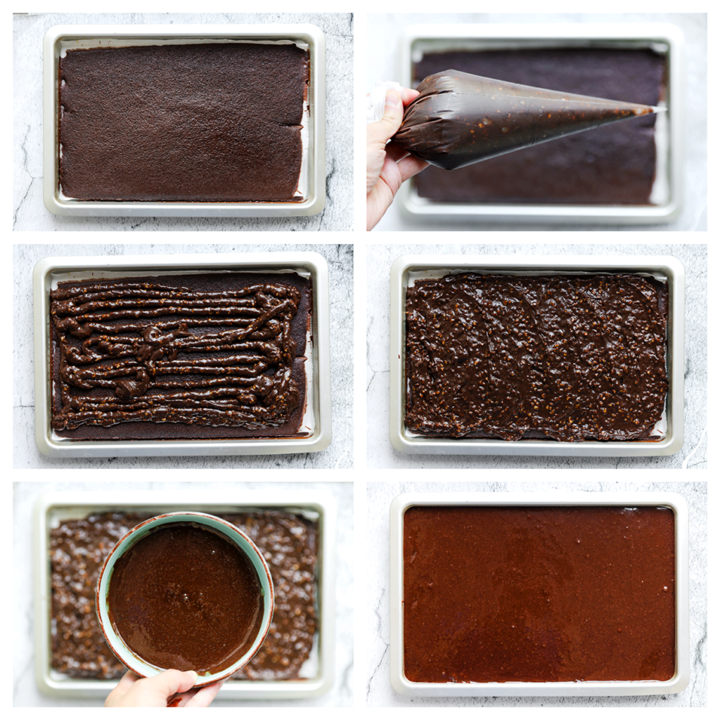 Verdeel het hazelnotenmengsel gelijkmatig over de chocoladecake en zorg voor een egale laag. Voeg dan de overgebleven chocoladecakebeslag toe en verdeel dit gelijkmatig.