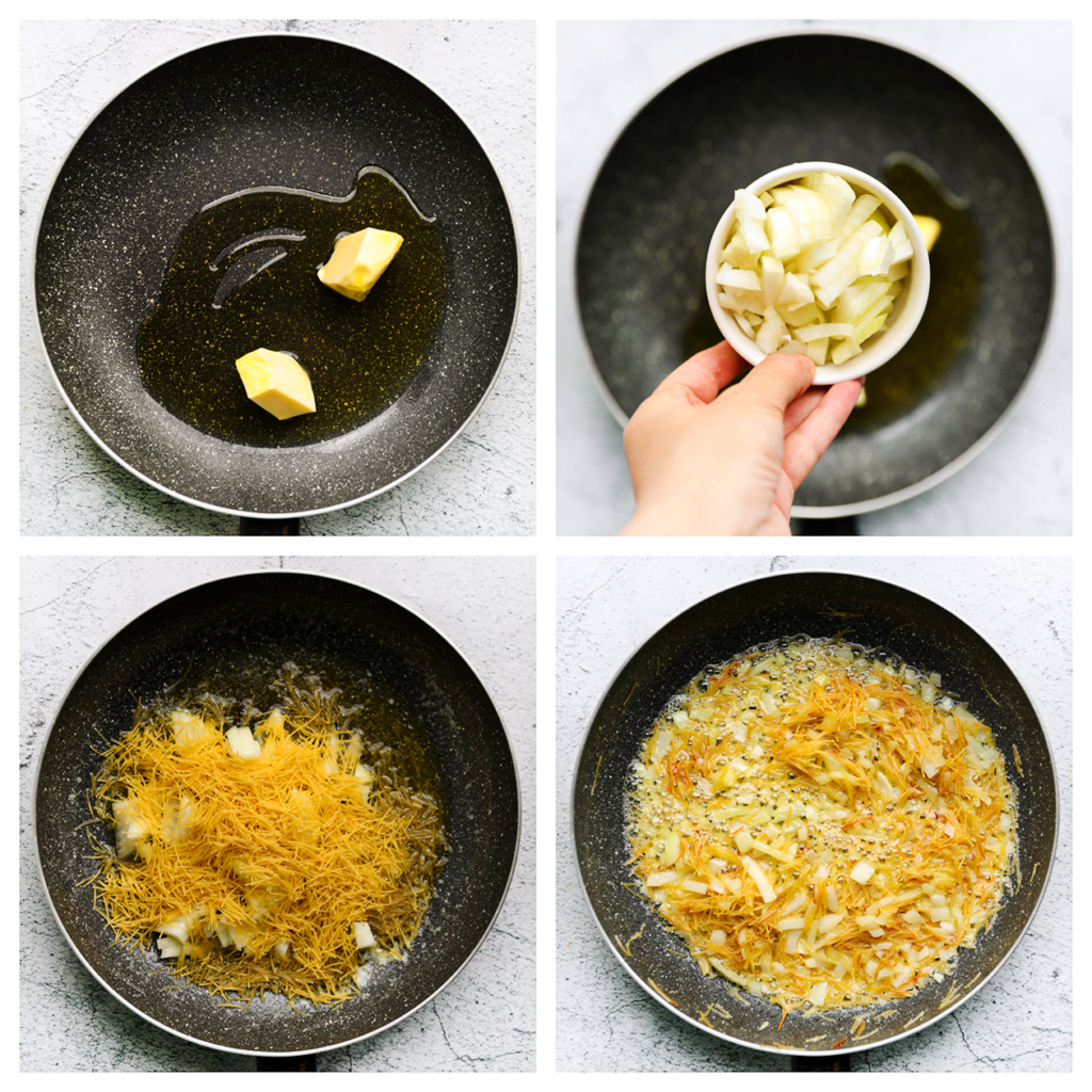Verhit de roomboter samen met de olijfolie in een koekenpan op middelhoog vuur. Voeg de gesnipperde gele ui en vermicelli toe en bak dit gedurende 2-3 minuten.