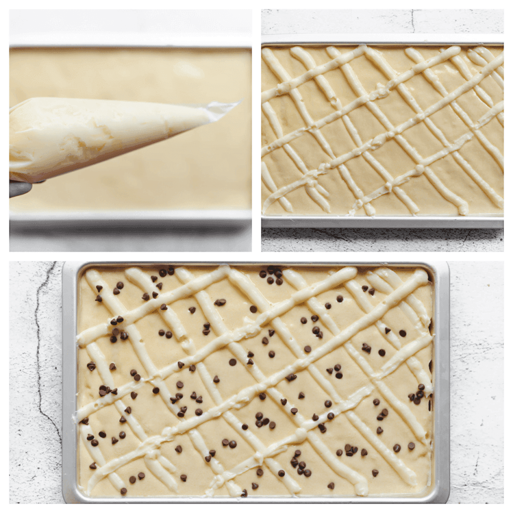 Garneer de cake met lijntjes van de overige gele room en strooi er chocoladedruppels op.