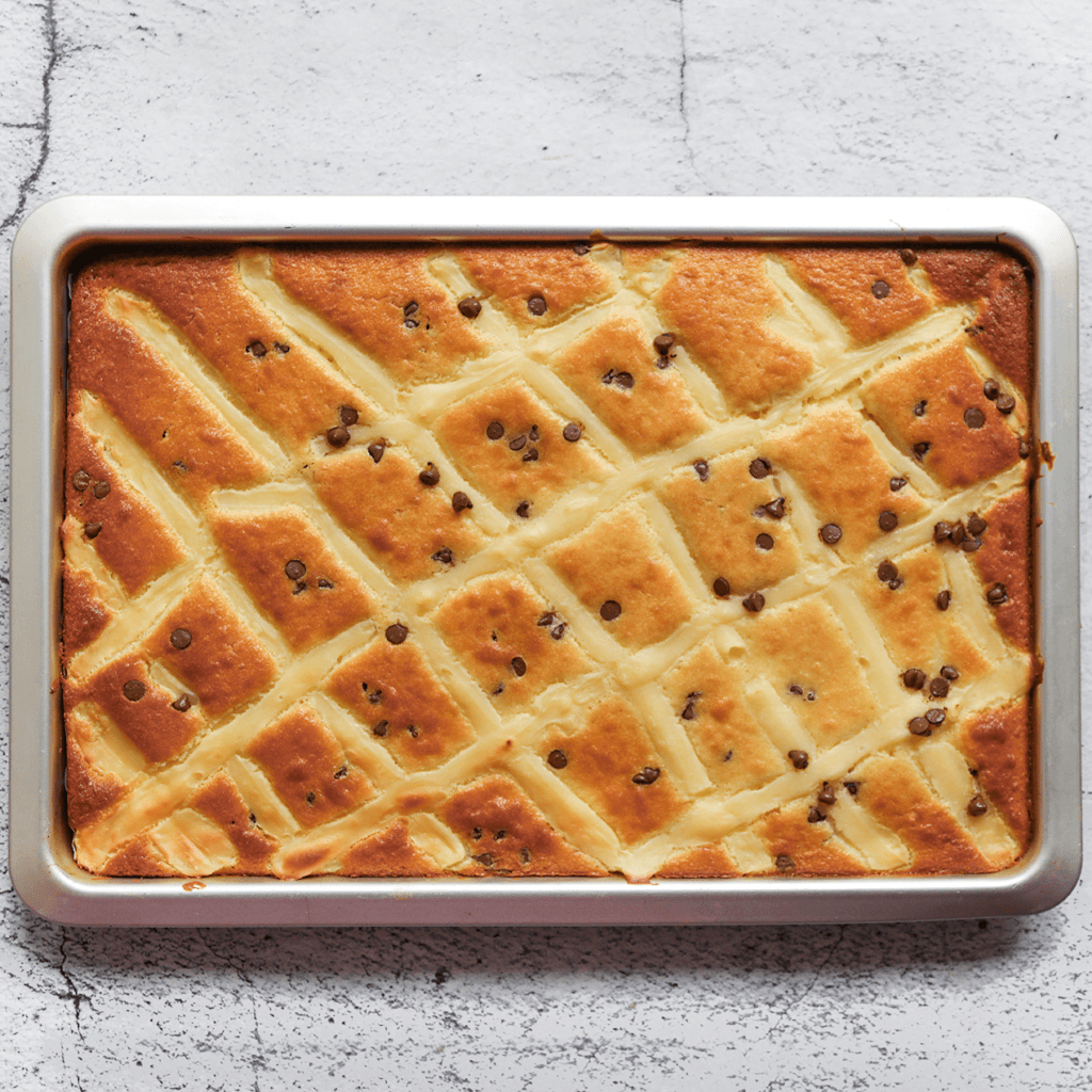Zet de cake terug in de voorverwarmde oven op 175 ℃. Bak 28-30 minuten of tot de cake mooi goudbruin is gekleurd. Houd de baktijd in de gaten, want elke oven werkt anders.
