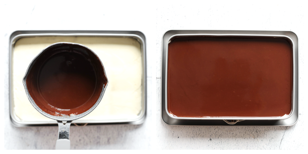 Verdeel de pure chocolade ganache gelijkmatig over het kersendessert. Zet het, afgedekt, in de koelkast om op te stijven, bij voorkeur een nachtje.
