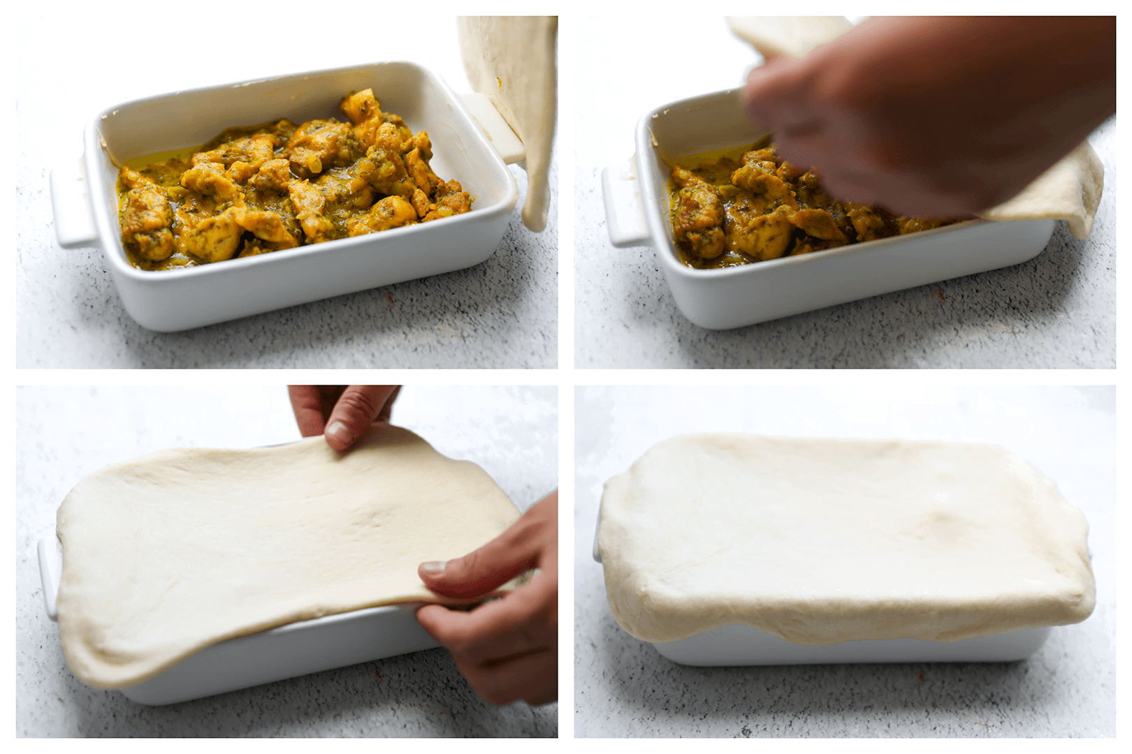 Marokkaanse kip in ovenschotelen bedekken met deeg