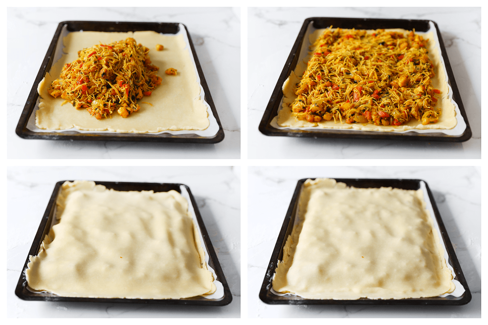 Vismengsel verdelen over het deeg en dichtmaken met het overige deeg