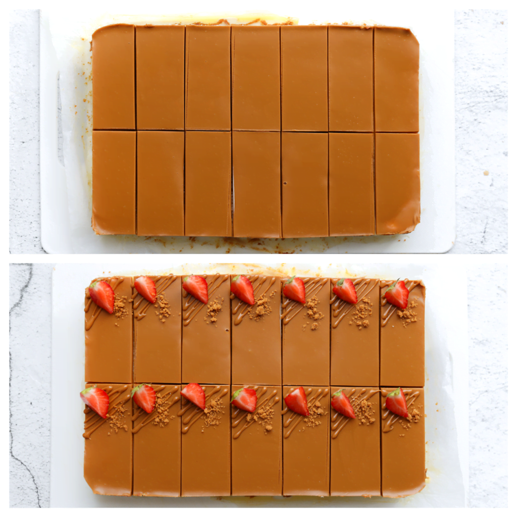Snijd de speculoos-aardbeiencheesecake in mooie rechthoeken. Spuit lijntjes van speculoos op de cheesecake en garneer met speculooskoekkruimels en aardbeien.