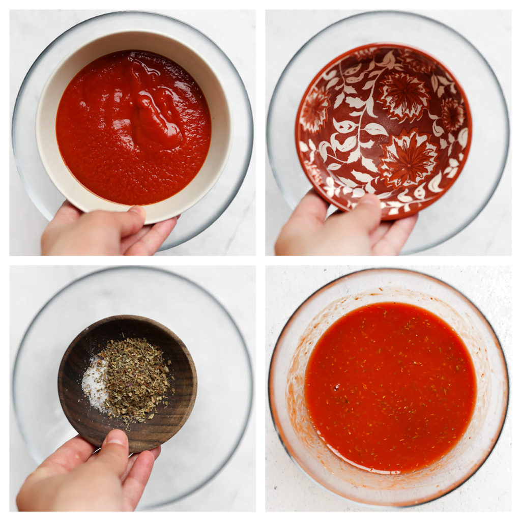 Doe de gezeefde tomatensaus samen met het water, de Italiaanse kruiden, het zout en de honing in een kom. Meng tot een gladde saus.