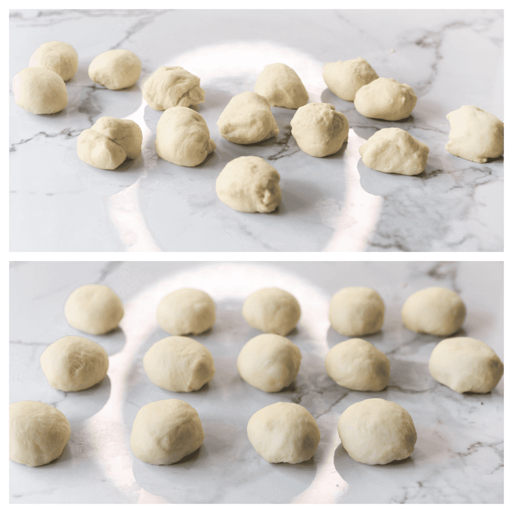 Druk de lucht uit het deeg en verdeel in 14 gelijke stukken van ongeveer 60 gram. Vorm tot bollen.