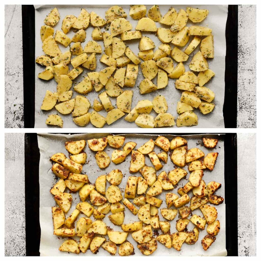 Verdeel de aardappels over een bakplaat met bakpapier en plaats deze in een voorverwarmde oven op 220&deg;C. Bak gedurende 25-35 minuten of tot de randen van de aardappels mooi goudbruin kleuren. Strooi na het bakken extra Parmezaanse kaas over de aardappels.