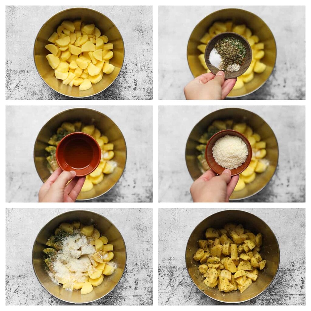 Schil de aardappels en snijd ze in blokjes, doe ze vervolgens in een diepe kom. Voeg zout, knoflookpoeder, uienpoeder, gedroogde peterselie, Italiaanse kruiden, Parmezaanse kaas en olijfolie toe. Meng goed.