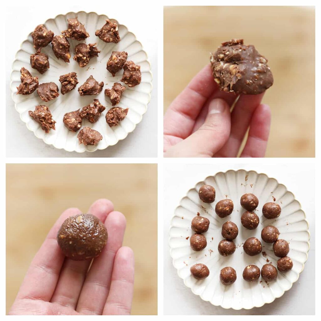 Zodra de ganache stevig is geworden, kun je beginnen met het vormen van de chocoladebollen. Neem een beetje van de hazelnoten-ganache en rol het in je handen tot een bolvorm. Herhaal dit proces voor de rest van de ganache.