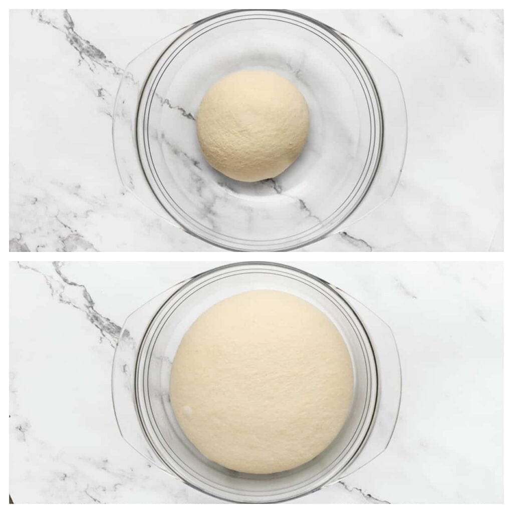 Dek het deeg af en laat het 1 uur rijzen op een warme plek in huis of tot het deeg in omvang is verdubbeld.