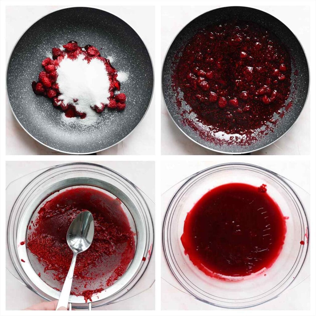 Plaats de frambozen samen met de suiker in een koekenpan op middelhoog vuur en laat ze 7-10 minuten koken. Roer regelmatig.