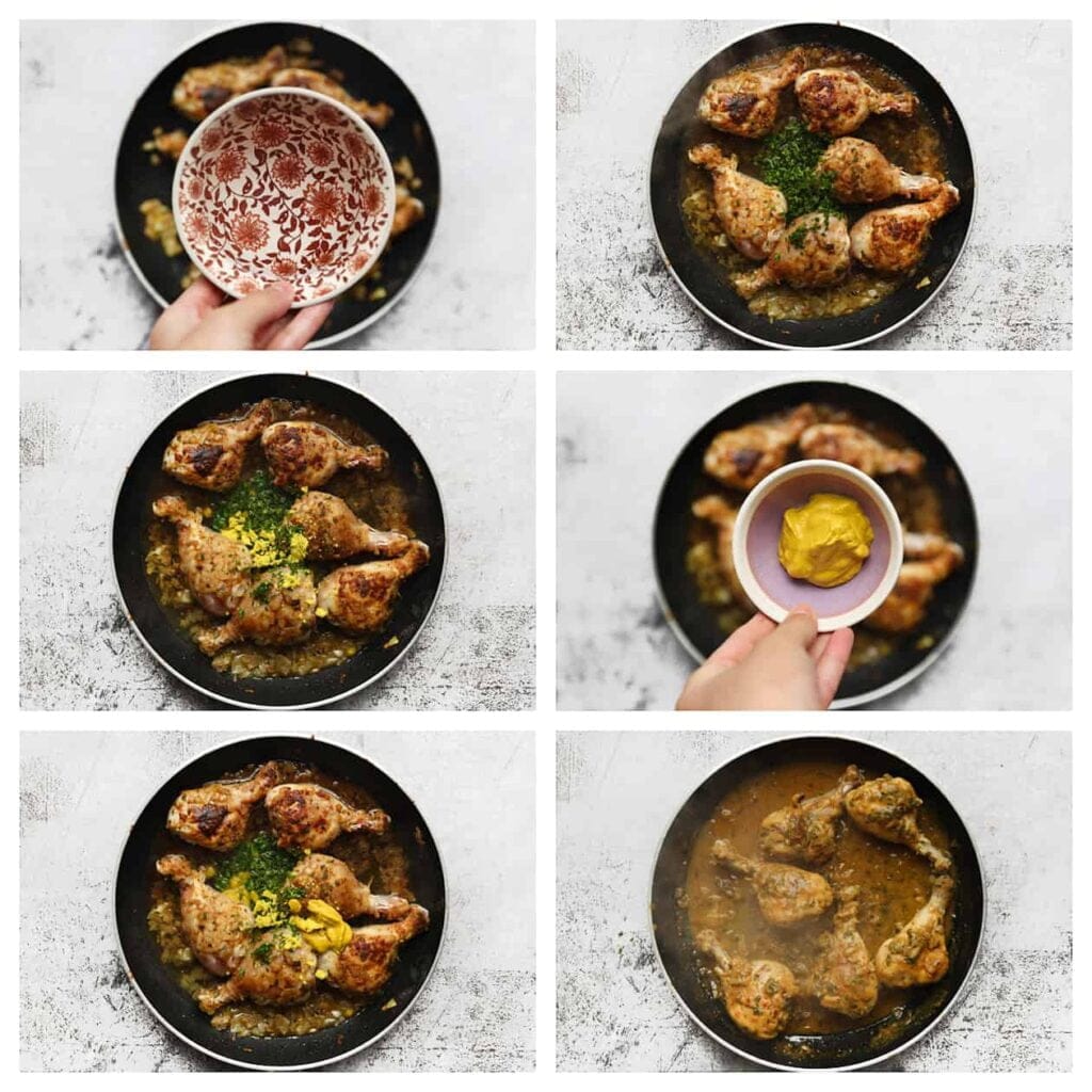 Voeg water, gehakte peterselie, verkruimeld kippenbouillonblokje en mosterd toe. Meng goed.