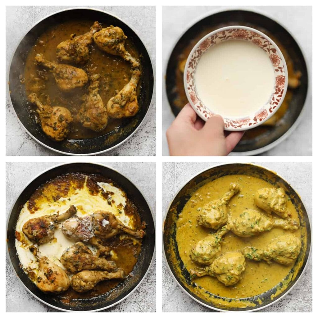 Giet de ongeklopte slagroom erbij en kook mee tot de saus goed is ingedikt, ongeveer 5-7 minuten.