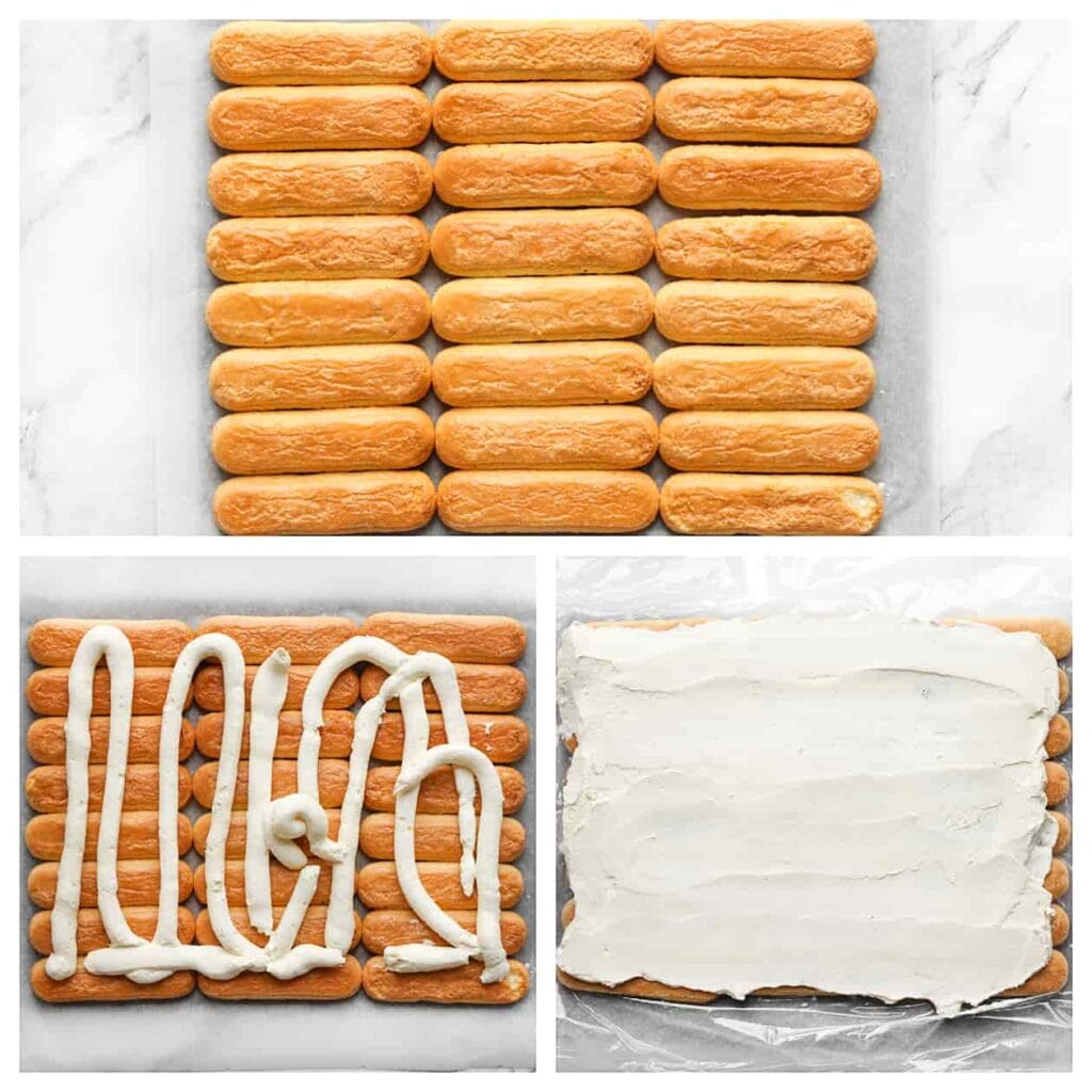 Leg de lange vingers in 3 rijen van 8 op een vel bakpapier of huishoudfolie. Verdeel een deel van het roommengsel erover en smeer het gelijkmatig uit. Rol het geheel nog niet op. Dek af en zet 2 uur in de koelkast om op te stijven.