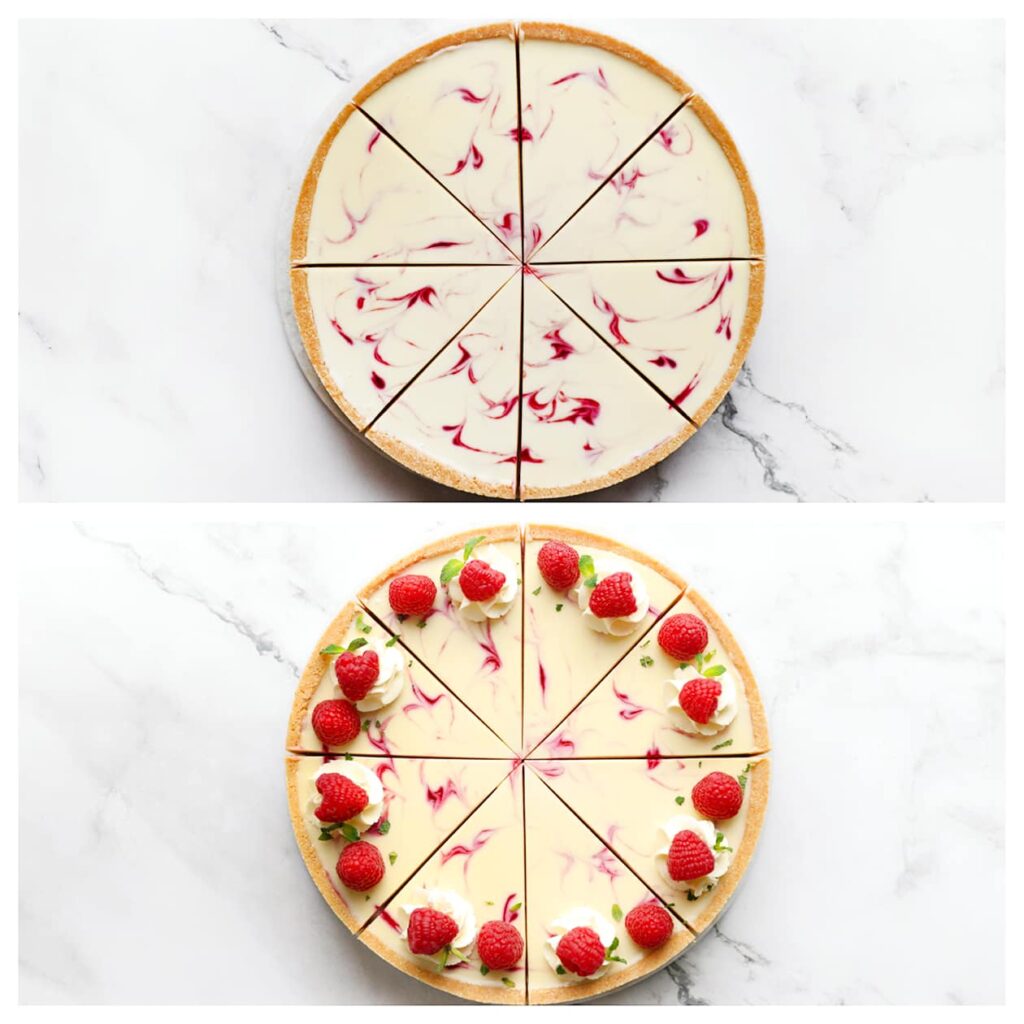Snijd de frambozencheesecake in gelijke puntjes. Indien gewenst, garneer met een toefje room, verse frambozen en muntblaadjes. Bismillah, geniet ervan!