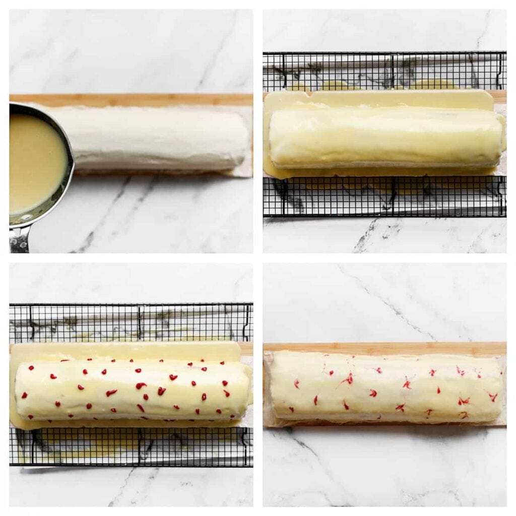 Giet de witte chocoladeganache gelijkmatig over de cheesecake. Spuit wat frambozensiroop erop en gebruik een tandenstoker om een sierlijk patroon te maken.