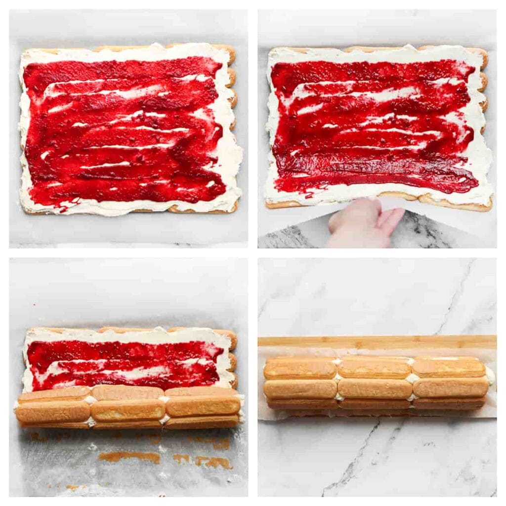 Rol de lange vingers op met behulp van het bakpapier. Plaats de frambozenrolcake in de koelkast en laat het een aantal uur opstijven, bij voorkeur een nachtje, zodat de smaken goed kunnen intrekken.