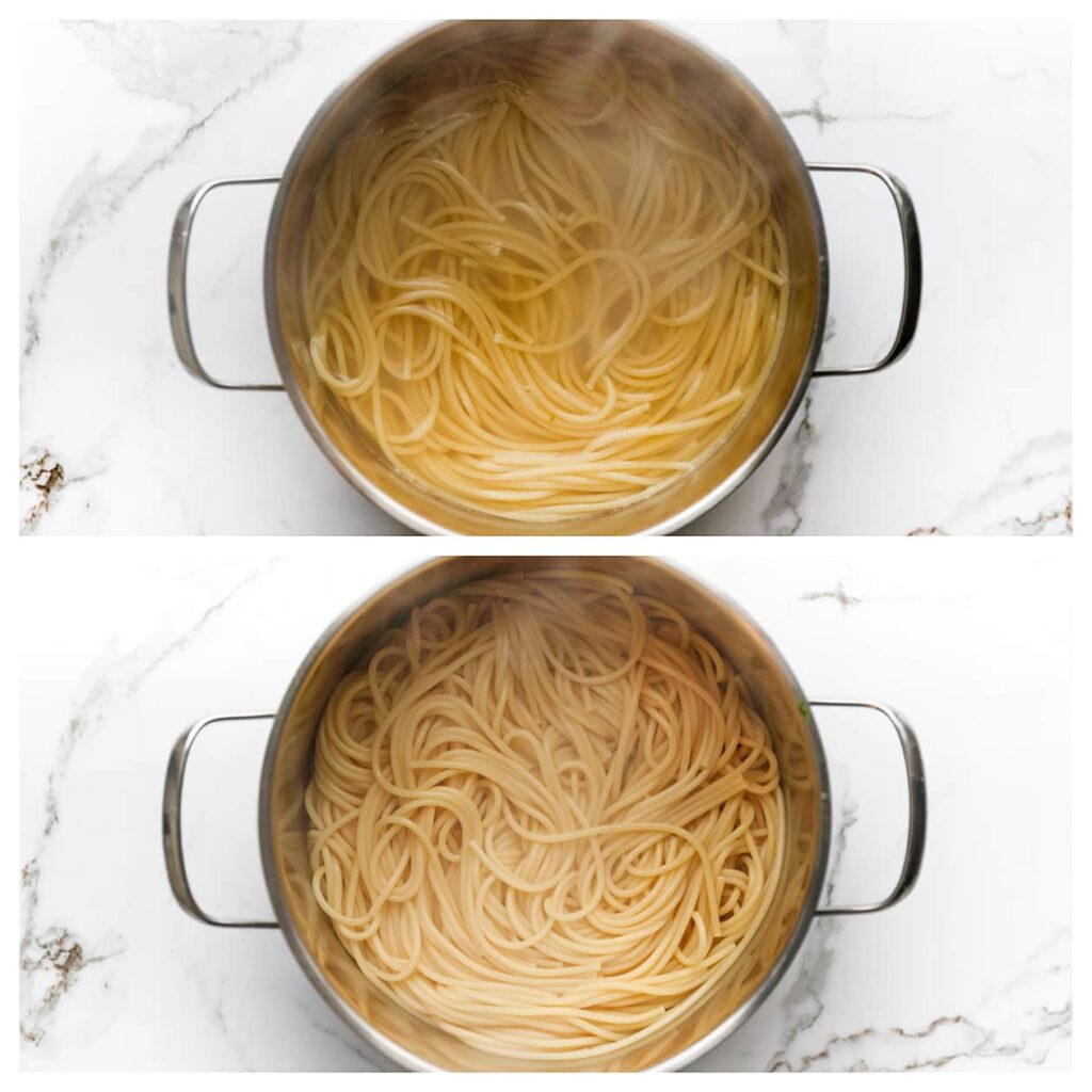Breng een pan met licht gezouten water aan de kook. Voeg de spaghetti toe zodra het water borrelt en kook 11-14 minuten of tot het gaar is. Schep 125 ml van het pastawater af en bewaar dit. Giet de spaghetti af.